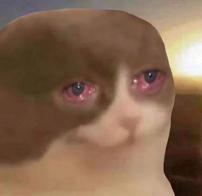 A close-up, distorted image of a Wojak meme character with a red cap, featuring heavily bloodshot, red eyes staring directly at the viewer.