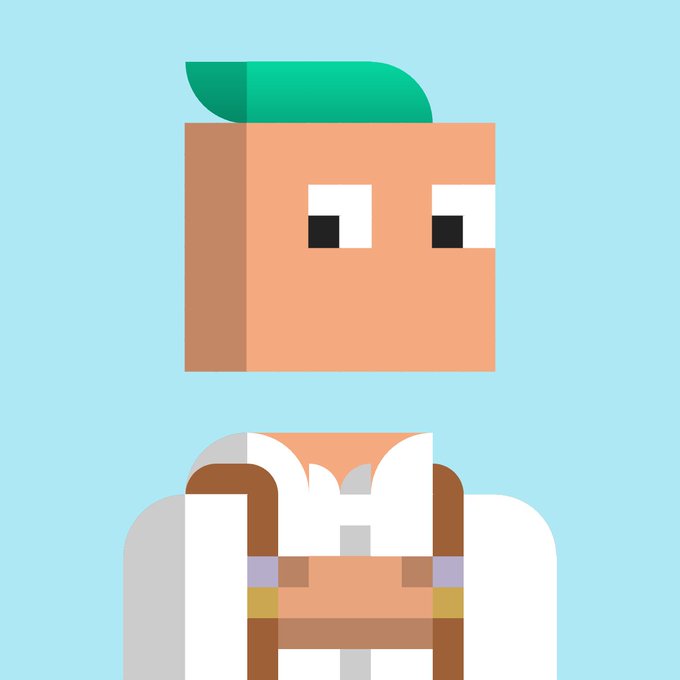 A minimalist pixel art illustration of a character with a green cap, simple eyes, and a white and brown outfit against a light blue background.