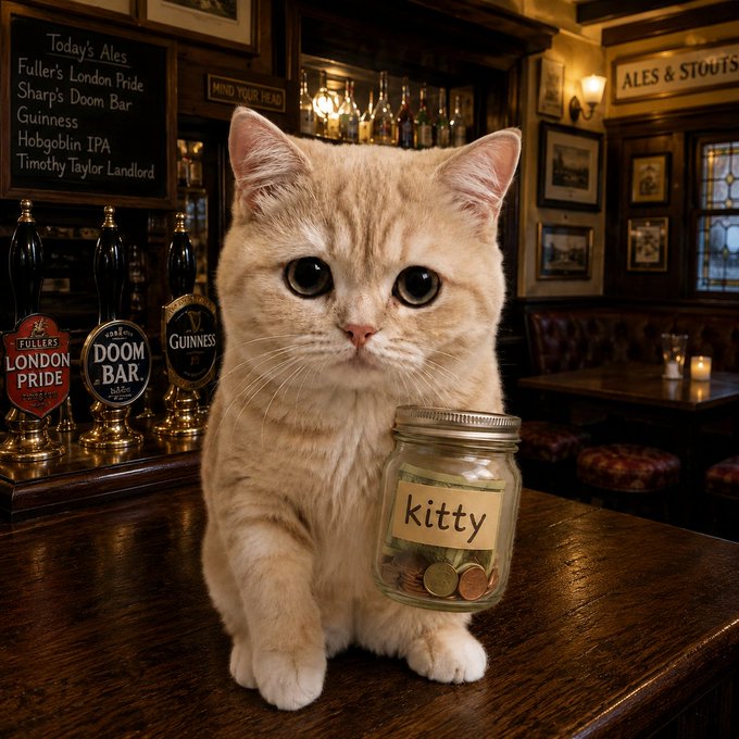 A cream-colored cat sits on a wooden bar counter holding a small glass jar labeled 'kitty' filled with coins, with a chalkboard displaying 'Today's Ales' (including Fuller's London Pride, Sharp's Doom Bar, Guinness, etc.) and beer taps in the background.