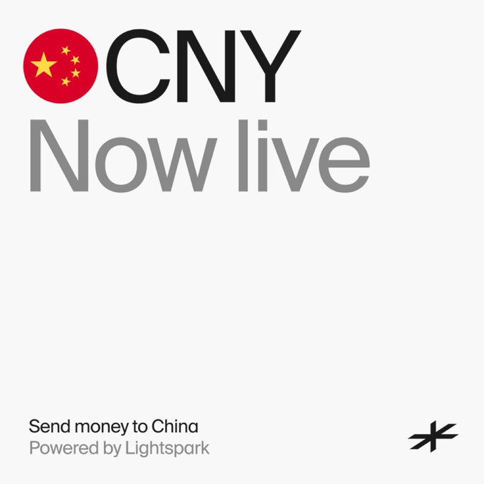 The image features a white background with black text that reads "Now Live" followed by an image of the Chinese flag. Below this, there are lines of text that read " Send money to China powered by @lightspark". The image also includes a logo for Lightspark and a reference to a post on their website.