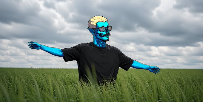 A surreal composite image showing a person in a black t-shirt with blue-skinned arms and a blue face, wearing sunglasses and a yellow textured cap, standing in a green field under cloudy skies.