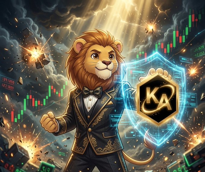 A digital illustration depicts a lion mascot in a tuxedo holding a glowing shield with 'KA' logo, set against a backdrop of candlestick trading charts and dramatic light rays.