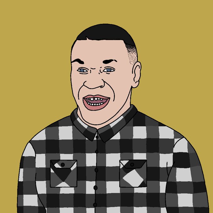 A simple cartoon portrait of a smiling man with short dark hair wearing a black and white checkered button-up shirt with two breast pockets, set against a solid yellow-olive background.