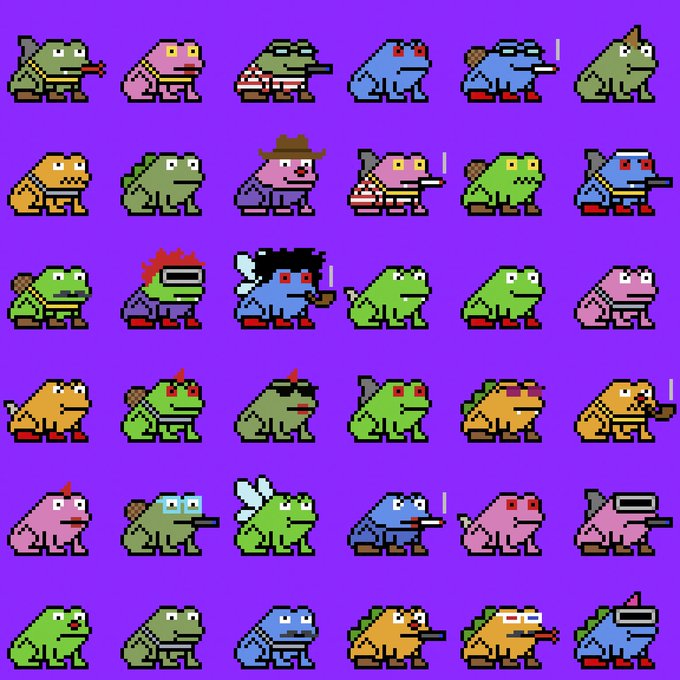 A grid of pixel art frogs on a purple background, featuring various colorful frogs (green, blue, pink, yellow) with different accessories like hats, sunglasses, and weapons.