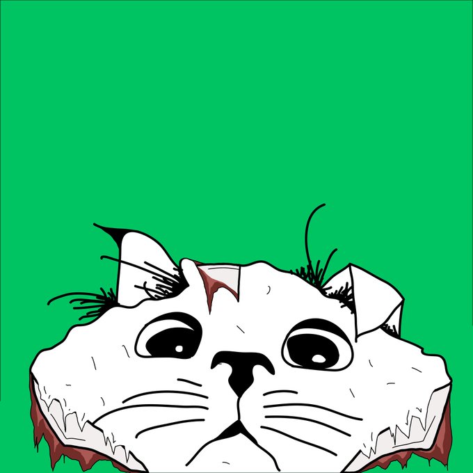 Cartoon-style illustration of a sad-looking white cat's face peeking up from the bottom of a solid green background.