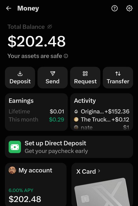 The image shows an X Money account dashboard with a total balance of $202.48, featuring options like Deposit, Send, Request, and Transfer, alongside recent activity including a $152.36 incoming payment and a $0.12 transaction. The "X Card" section is highlighted at the bottom, directly supporting the post about ordering the X Money card.