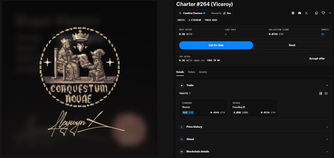 The image shows a screenshot of a Cambria/Charter #264 (Viceroy) NFT trading page, displaying a floor price of 0.4534 ETH and last sale of 0.36 ETH, alongside an illustration of a seated crowned figure with the text "CONQUESTUM NOVAE." This visual supports the post's claim about minting a Viceroy charter for 0.06 ETH and witnessing a quick price increase to a 0.45 ETH floor, highlighting the nearly 8x return mentioned in the caption.