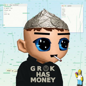 A pixel-art style character with a crumpled foil hat, large blue anime-like eyes, and a cigarette wears a black hoodie reading 'GRΞK HAS MONEY', set against a vintage computer desktop background.