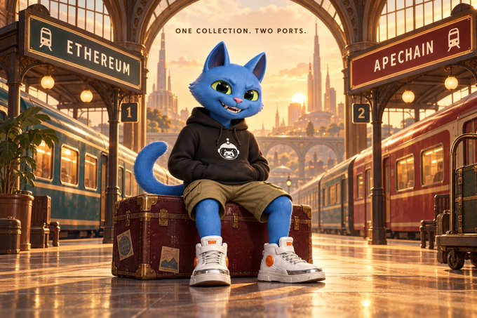 A blue cat character sits on a vintage suitcase between two train station platforms labeled "ETHEREUM" (Platform 1) and "APECHAIN" (Platform 2), with the tagline "ONE COLLECTION. TWO PORTS." above. The image visually captures the post's message of unified identity across chains—portraying the NFT collection as travelers who journey between Ethereum and ApeChain without changing collections.