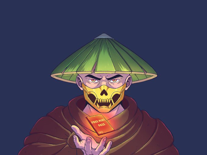 A digital illustration of a character wearing a green conical hat and a golden skull mask holding a glowing card labeled "FREE MINI PASS."