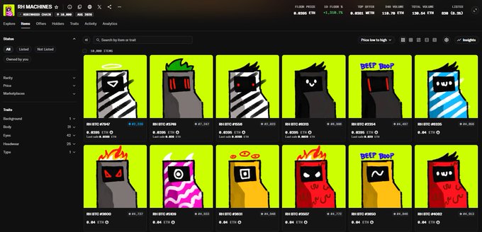 A screenshot of the RH Machines NFT collection on a marketplace, showing various robot-themed digital assets priced in ETH with the top listing at 0.0288 ETH. The image illustrates the post's discussion about unusually low floor prices for these NFTs, which the author suggests could signal potential market excitement if values rise.