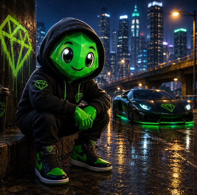 A 3D-rendered character with a green gem-shaped head sits in a black hoodie beside a matching green-accented sports car on a wet city street at night, with graffiti visible on a nearby wall.