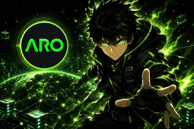 An anime-style character with glowing green eyes and a black hoodie stands in a dynamic pose over a networked cityscape, alongside a circular "ARO" logo encircled by green energy—visually representing ARO Network's decentralized, agentic edge infrastructure for the AI era.