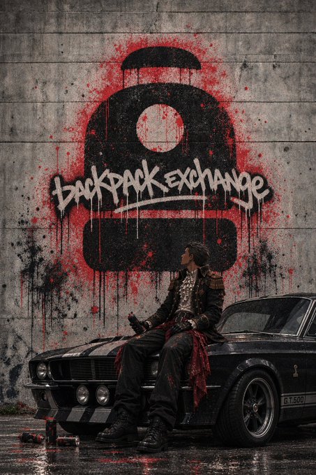 A person in dark clothing with a patterned scarf sits on the hood of a black Ford Mustang against a wall featuring a large painted logo and the graffiti-style text 'Backpack Exchange' surrounded by red paint splatters.