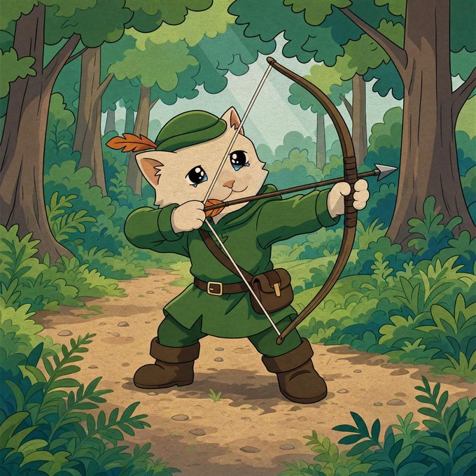 A cartoon cat dressed as Robin Hood draws a bow and arrow in a forest, evoking the "robbing the rich" theme of the post—suggesting tokens like $cashcat, $virtual, and $froth are stealing gains from Base as DeFi, AI, and RWAs heat up on Robinhood.