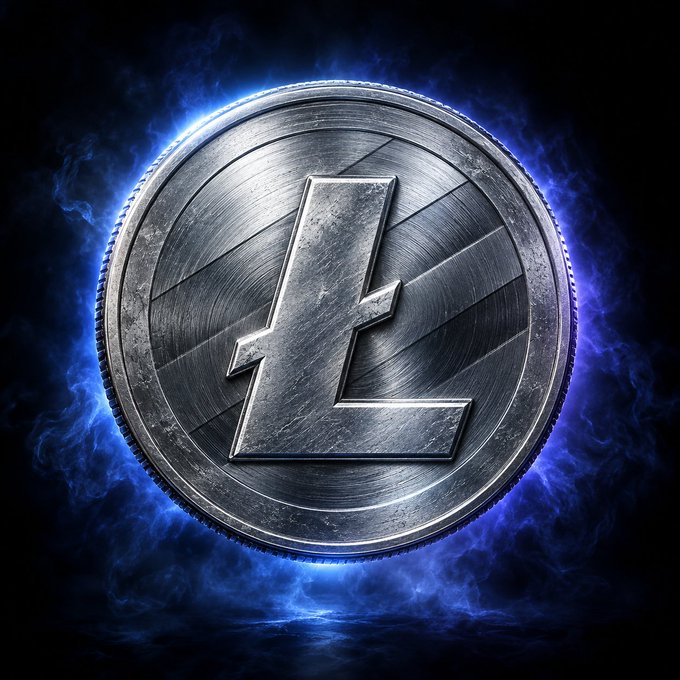 A 3D-rendered silver Litecoin (LTC) cryptocurrency coin surrounded by glowing blue flames against a dark background.