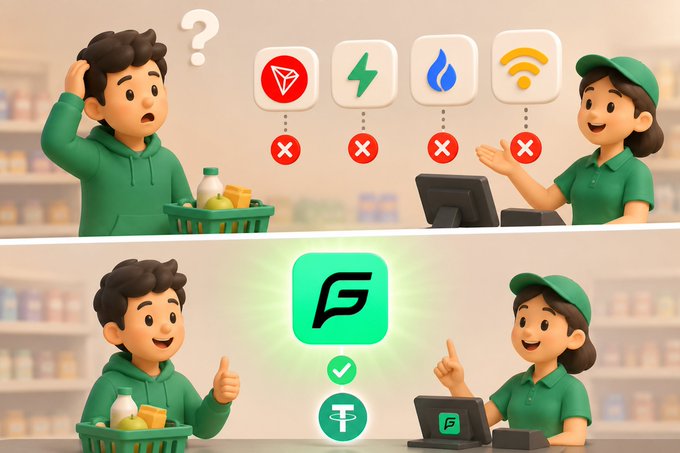 A 3D cartoon illustration showing a confused customer at a checkout being told by a cashier that four services are unavailable (marked with red X's), contrasted below with a happy customer using a single payment app (FeatherPay) that successfully processes the transaction.