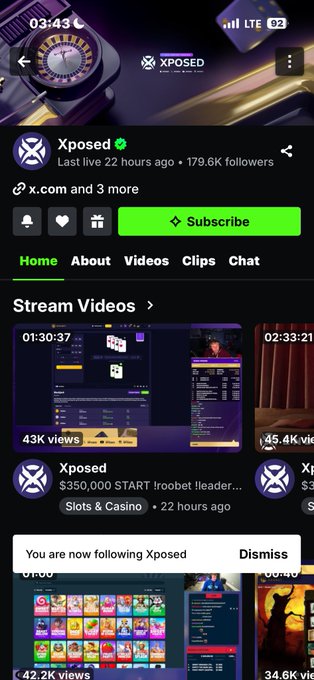 A Twitch channel page for 'Xposed' displays stream videos with titles like '$350,000 START Iroobet' and a notification reading 'You are now following Xposed'.