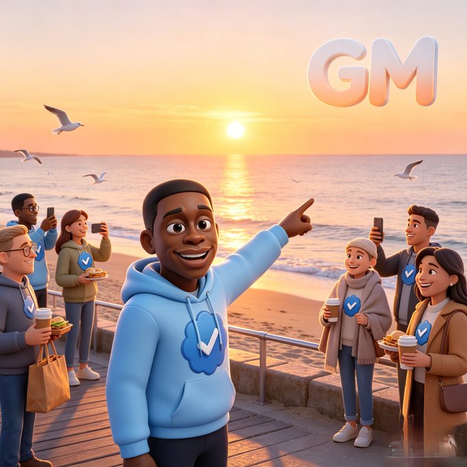 An animated scene depicts a man in a blue hoodie with a checkmark logo standing by a beach at sunset, pointing towards the horizon while a diverse group of people watches and takes photos. The text 'GM' appears in the upper right.