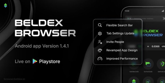 A promotional graphic for 'BELDEX BROWSER' Android app Version 1.4.1 highlights features like a flexible search bar, tab settings update, invite people, revamped app design, and improved performance.