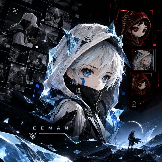 An anime-style illustration titled 'ICEMAN' features a white-haired character in an icy hood surrounded by floating crystals and small portrait images.