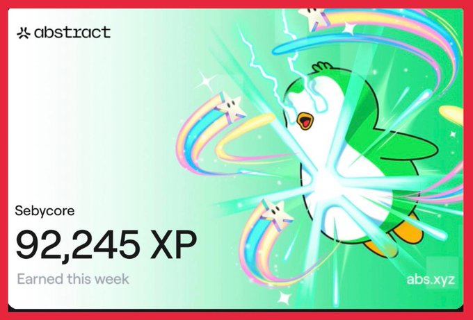 An Abstract XP earnings card shows 92,245 XP earned this week by user "Sebycore," illustrated with a cartoon white character shooting colorful energy beams.
