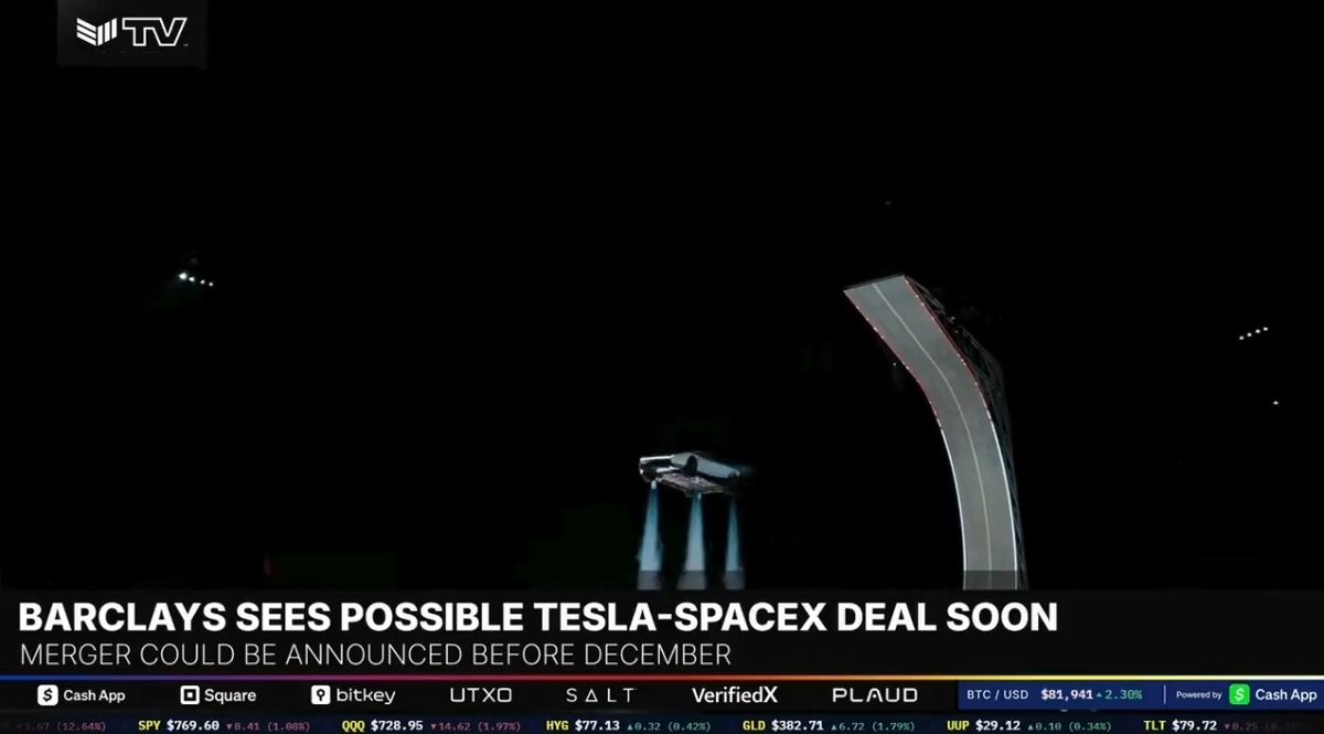 The image is a broadcast frame from MilkTV showing a nighttime visual of a SpaceX rocket with glowing blue thrusters, accompanied by the headline "BARCLAYS SEES POSSIBLE TESLA-SPACEX DEAL SOON — MERGER COULD BE ANNOUNCED BEFORE DECEMBER," directly illustrating the breaking news about a potential Elon Musk-led merger that would create the 6th-largest Bitcoin treasury company with a combined 30,221 BTC.