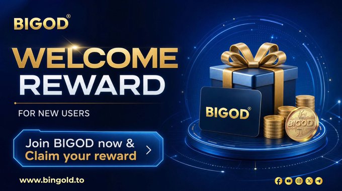 An advertisement graphic displays 'BIGOD WELCOME REWARD FOR NEW USERS' with the call to action 'Join BIGOD now & Claim your reward' alongside the website www.bingold.to and a 3D render of a gift box, coins, and a branded card.
