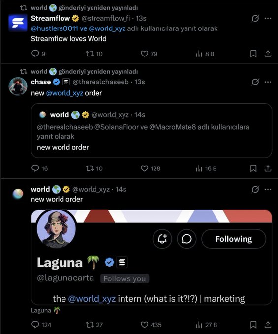 The image shows a series of X/Twitter posts from accounts including "world" (@world_xyz), "Streamflow" (@streamflow_fi), and "chase" (@therealchaseeb), all referencing "new world order" alongside engagement metrics like 435 likes and 27 reposts. This visually reinforces the post's narrative about the mysterious @world_xyz Solana-backed airdrop waitlist, highlighting the cryptic and buzzworthy nature of the project where no one knows what it actually is.