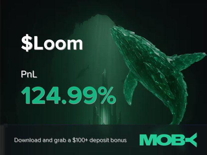 A promotional graphic by Moby features a green whale swimming upward in a dark, underwater scene, with text reading "$Loom PnL 124.99%" and a call to "Download and grab a $100+ deposit bonus," celebrating a trader's successful 124.99% profit on the $Loom token.