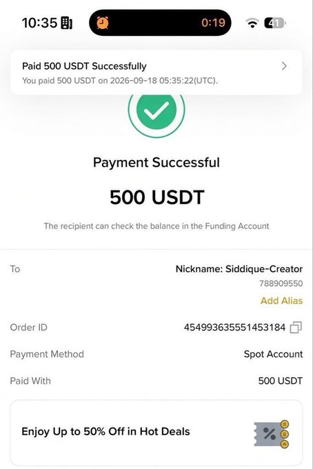 A successful payment confirmation screen showing 500 USDT paid to nickname 'Siddique-Creator' (ID: 788909550), with payment date noted as 2026-09-18.