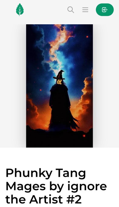 A mobile app interface displays an NFT titled 'Phunky Tang Mages by ignore the Artist #2', depicting a witch silhouette against a dramatic orange and blue cosmic sky.