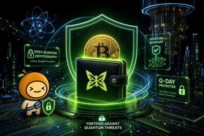 The image features a cartoon character dressed as a robot, holding a wallet with a butterfly design. The wallet has a green shield with a gold butterfly logo, indicating that it is a cryptocurrency wallet. The background of the image shows a city skyline, suggesting an urban setting for this scene. The post caption reads "最近重新看了一眼老 BTC 钱包，有点后背发凉。也不是钱包被盗。而是突然意识到", which implies that the wallet is a cryptocurrency wallet and the character is holding it. The image also includes text about Shor's Algorithm, possibly related to the wallet or its functionality.