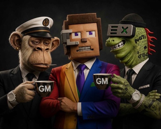 Three anthropomorphic NFT-style characters—a chimpanzee in a naval cap, a Minecraft-style blocky figure, and a Pepe-like figure in a beanie and goggles—holding coffee cups labeled 'GM'.