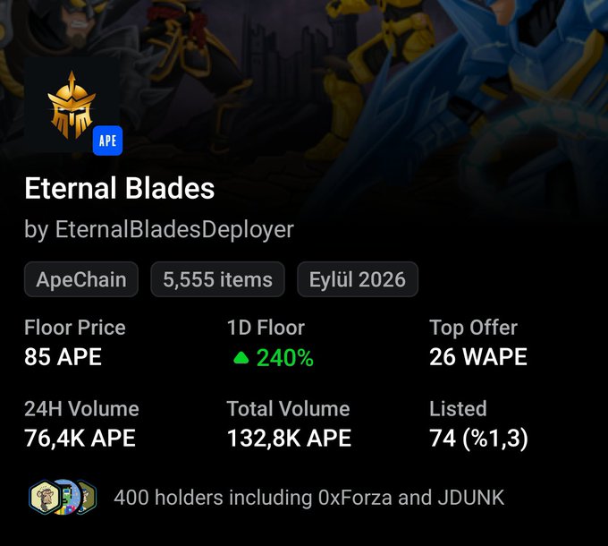 A digital collectible NFT listing titled 'Eternal Blades' by EternalBladesDeployer on ApeChain, showing floor price of 85 APE, 24H volume of 76.4K APE, and 400 holders.
