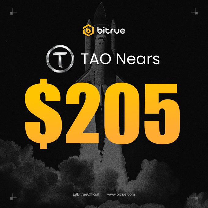 A Bitrue promotional graphic featuring a rocket launch background highlights that TAO (Bittensor) is nearing $205, with the Bitrue logo and "TAO Nears" text prominently displayed alongside the price, tying into the post's message about TAO's quiet growth and staking opportunity on the platform.