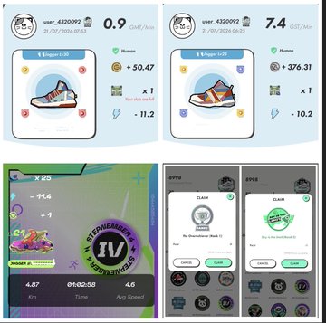 Screenshots from the STEPN app showing sneaker NFT stats for user_4320092, with a Common Sneaker earning 0.9 GST/Min (+$0.47) and a Uncommon Sneaker earning 7.4 GST/Min (+$376.31), alongside a running activity and app ratings.
