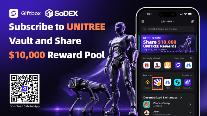 A sleek promotional graphic for a SafePal/Giftbox x SoDEX collaboration advertises a $10,000 UNITREE Vault reward pool, featuring a humanoid robot and quadruped alongside a smartphone mockup showing the DApp browser interface. The image includes a QR code and the call-to-action "Subscribe to UNITREE Vault and Share $10,000 Reward Pool," directly supporting the post's message to deposit 100 USDC into the UNITREE vault within 24 hours to participate.