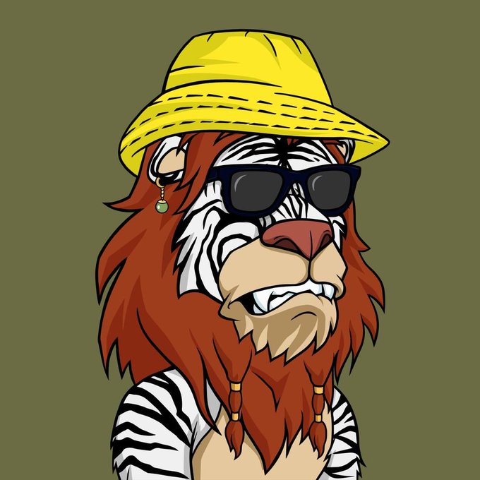 A cartoon illustration of a lion character with a reddish-brown mane wearing a yellow bucket hat, black sunglasses, and a zebra-print outfit with beaded braids, set against an olive green background.