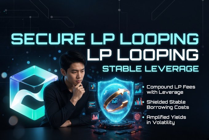 An advertisement graphic for 'SECURE LP LOOPING LP LOOPING STABLE LEVERAGE' featuring a thoughtful man, a crypto cube logo, and a shield icon, listing benefits like 'Compound LP Fees with Leverage' and 'Shielded Stable Borrowing Costs'.