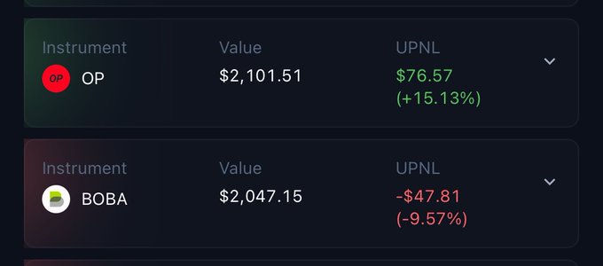 Trading portfolio showing two positions: OP valued at $2,101.51 with +$76.57 UPNL (+15.13%) and BOBA valued at $2,047.15 with -$47.81 UPNL (-9.57%).