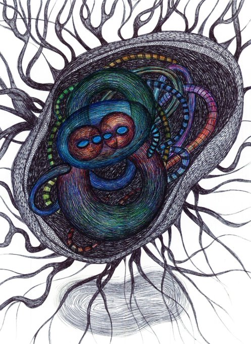 A colorful hand-drawn illustration depicts abstract swirling shapes resembling intertwined organisms or cellular structures surrounded by root-like extensions.