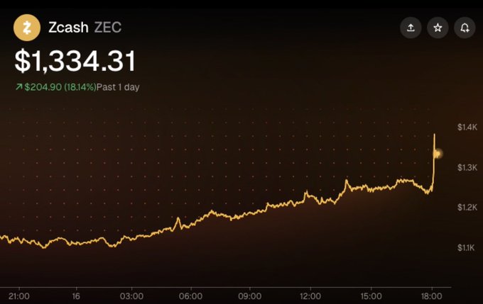 A cryptocurrency price chart for Zcash (ZEC) shows the token surging to $1,334.31, up $204.90 (18.14%) over the past day, with a sharp spike near 18:00 — perfectly capturing the "melting faces" rally referenced in the post.