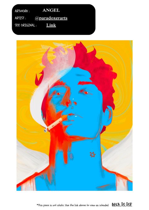 A vibrant digital illustration of a blue-faced figure with red hair smoking a cigarette, labeled with artwork text 'ANGEL' by artist '@paradoxerarts'.