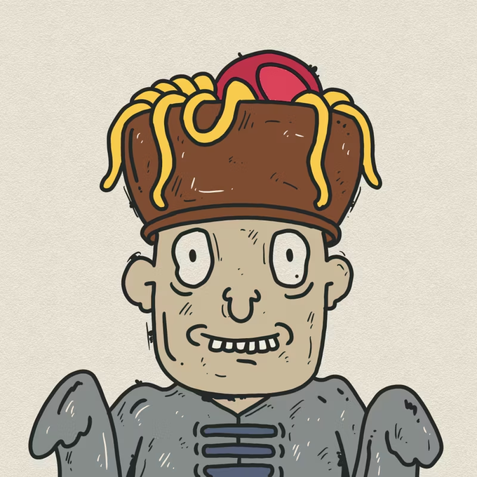 A whimsical hand-drawn illustration of a smiling character with wide eyes, sporting a unique hat that resembles a chocolate dessert topped with yellow strands and a red cherry.