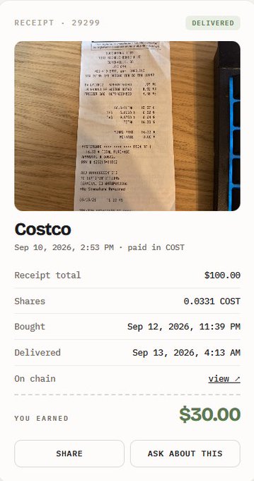 A mobile app receipt screen showing a purchase from Costco dated Sep 10, 2026, for a receipt total of $100.00, earning 0.0331 COST shares worth $30.00, with options to 'SHARE' or 'ASK ABOUT THIS'.
