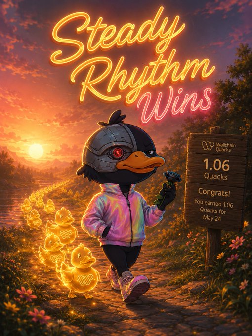 urn of gold ducks, walking on a path with a sign reading " Steady Rhythm Wins" and "Congratulations! You've reached 1,06 quacks!".