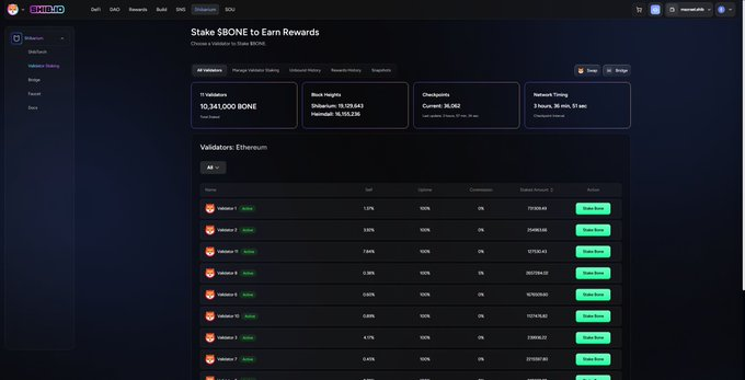 Screenshot of the Shibarium staking dashboard titled 'Stake $BONE to Earn Rewards,' showing 10,341,000 BONE total validators, block height information, and a list of Ethereum validators with 'Delegate' buttons.