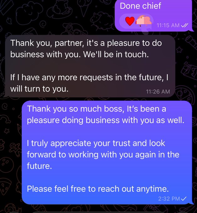 A dark-themed messaging app conversation showing a final exchange between two parties at 11:15 AM, 11:26 AM, and 2:32 PM, featuring overly polite thank-you messages and business courtesies with an emoji of a heart and hand.