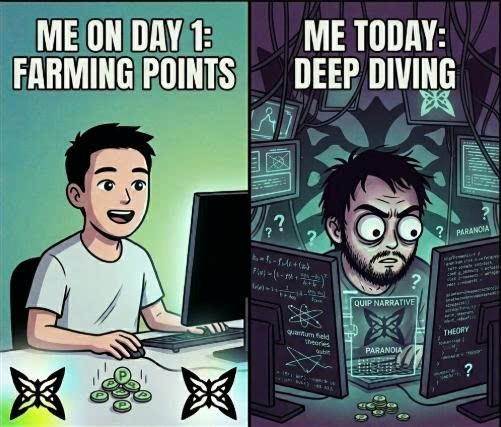 The image shows a cartoon depiction of two men sitting at a desk with computer monitors. One man has a serious expression, while the other appears to be enjoying his time playing video games. The text above the image reads "Me on Day 1: Farming Points", and below it says "I came for the points, stayed for the paranoia". This suggests that the cartoon is related to farming or agriculture in some way, possibly as a humorous commentary on the idea of spending too much time on farming tasks instead of enjoying leisure activities like playing video games.
